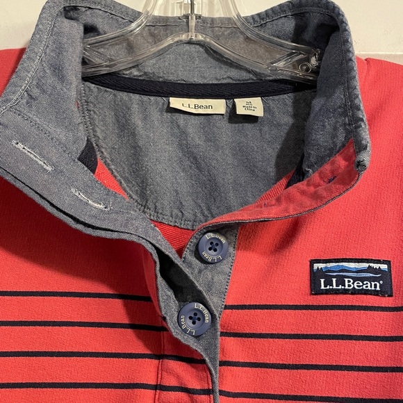LL Bean Size Med Rosy Pink and Navy Striped LS Tee 100% Cotton 4 Button Placket - Picture 3 of 6